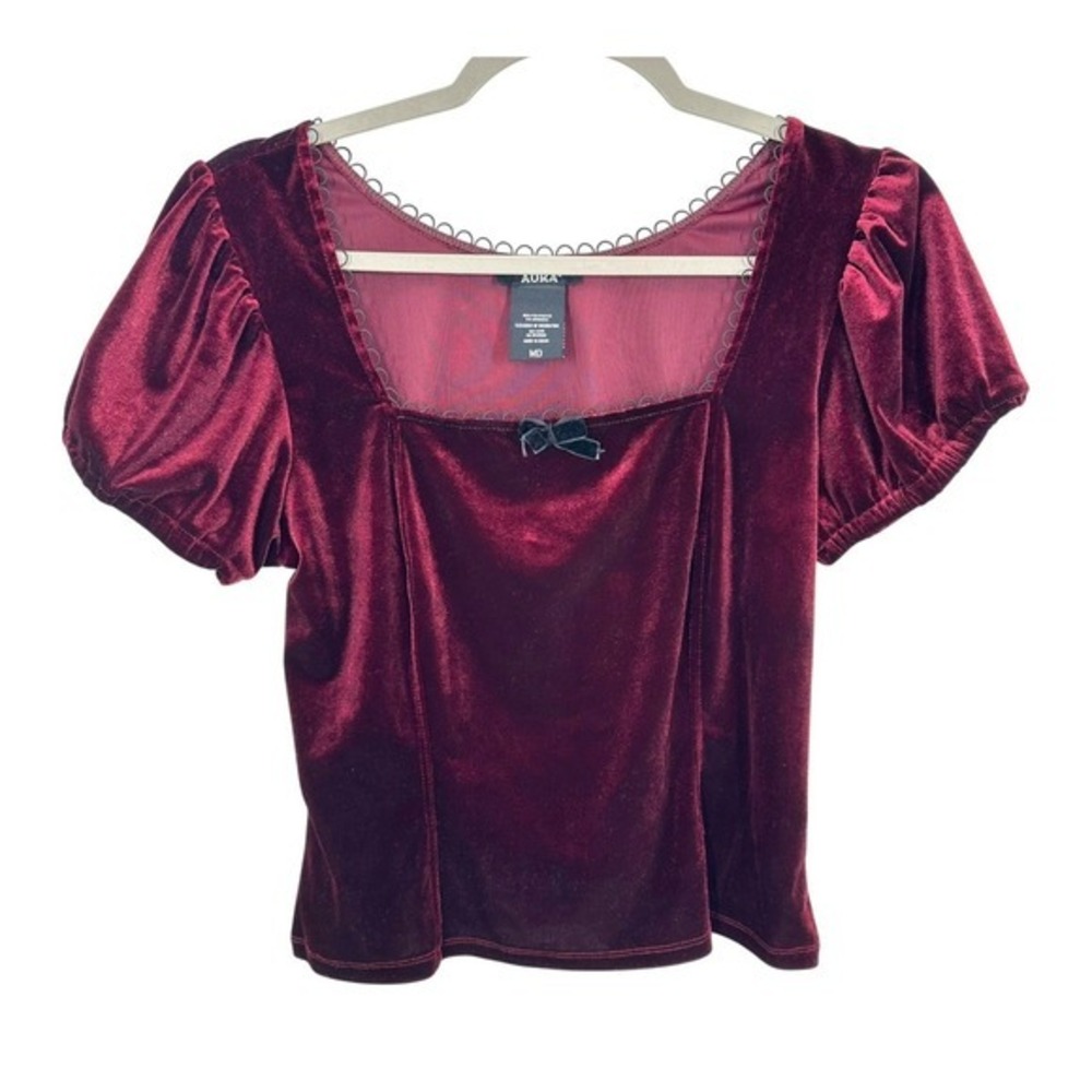 AURA Burgundy Babydoll Velvet Puff Sleeve Square Neck Bow Top Womens Medium